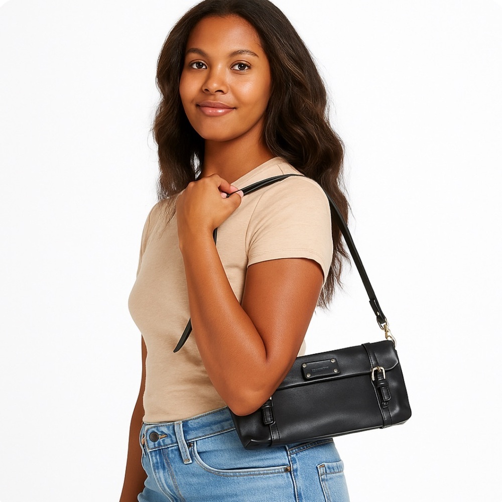 * Kate Spade Black Leather Noel Shoulder Bag with Dark Pink Lining